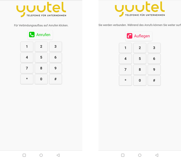 yuu Com Browser-Telefonie: Ein Klick auf den Anrufen-/Auflegen-Button startet oder beendet den Web-Call