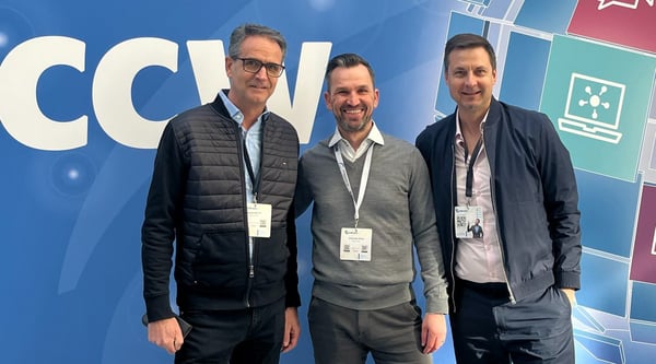 Das Vertriebs-Team von yuutel auf der CCW Messe 2023 in Berlin: Eduard Blöchl, Johannes Klaus und Markus Buchner (v.l.n.r.)